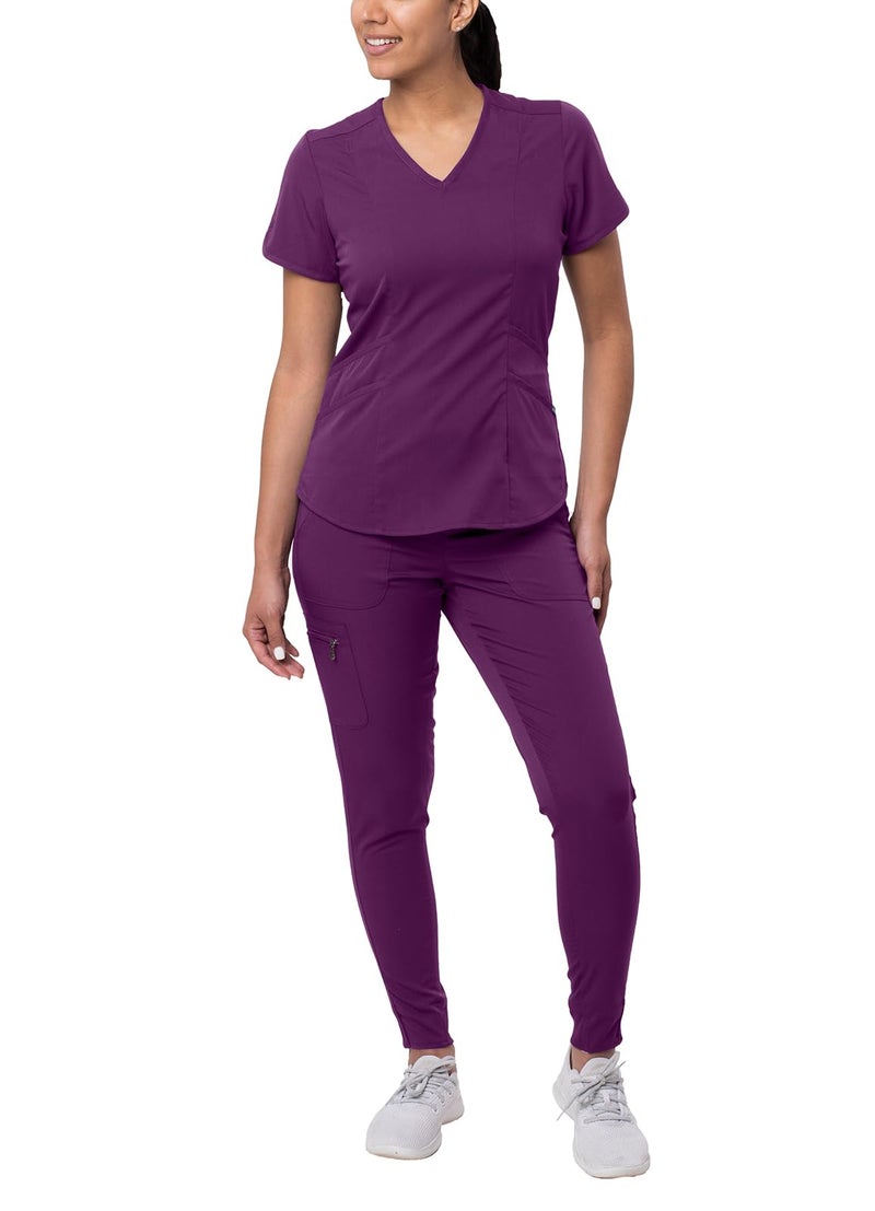 Adar Uniforms Adar Pro Athletic Scrubs Set For Women - Stretch V-Neck Scrub Top & Yoga Jogger Cargo Scrub Pants, 10 Pockets - P9500 - Eggplant - L - Image 1